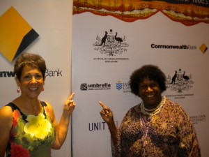 Vicki Salisbury and Gail Mabo pointing out the Umbrella brand