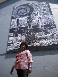 Gail Mabo with one of two public art works installed at JCU Singapore Campus